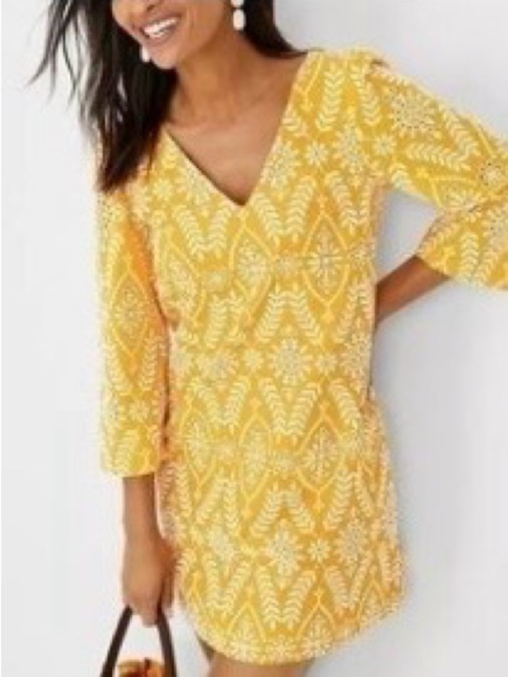 Ann Taylor Yellow Printed V-Neck Mini Dress